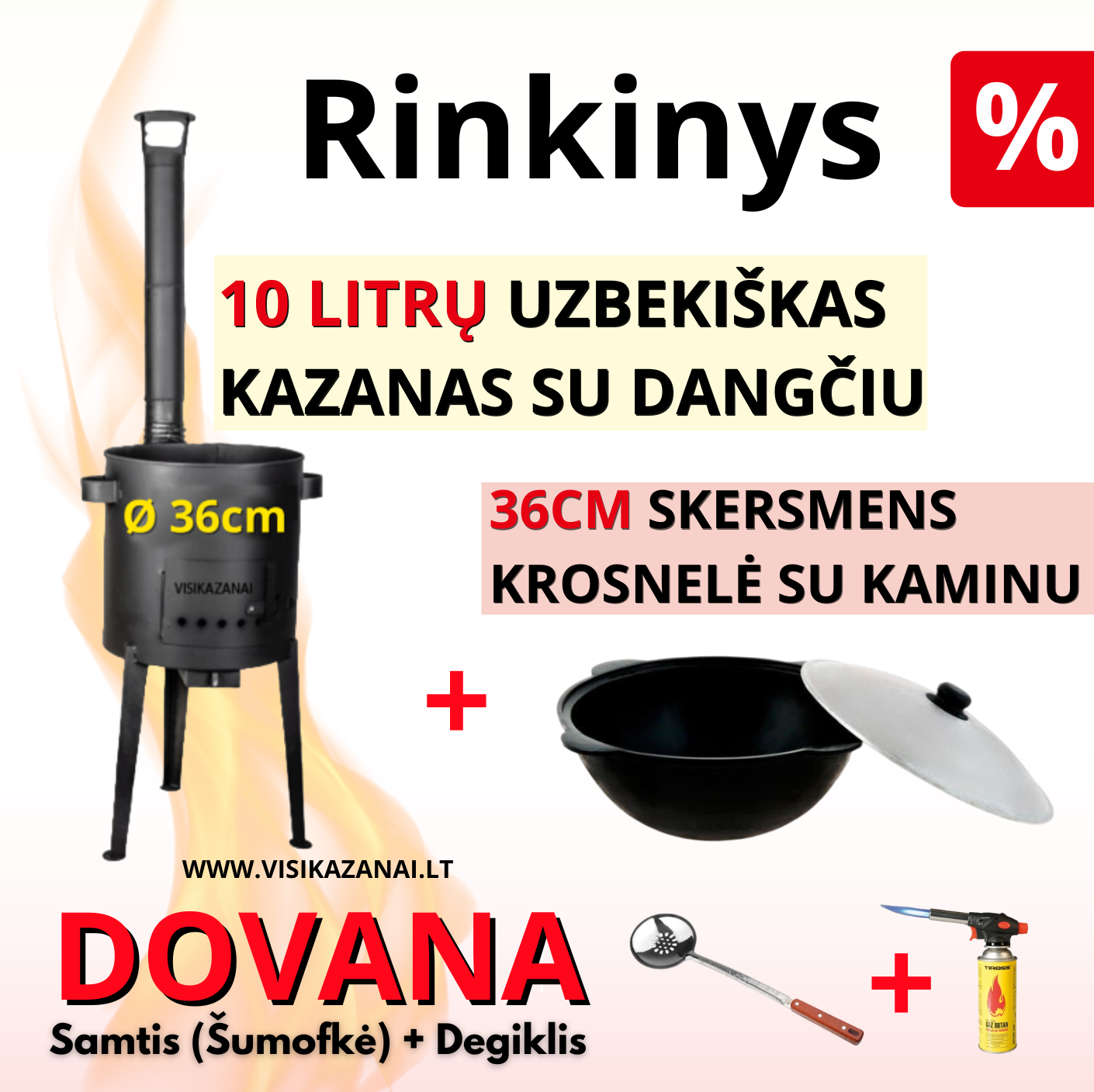 Uzbekiško kazano 10ltr. su dangčiu ir krosnelės 36cm skersmens rinkinys MAXIRINK36