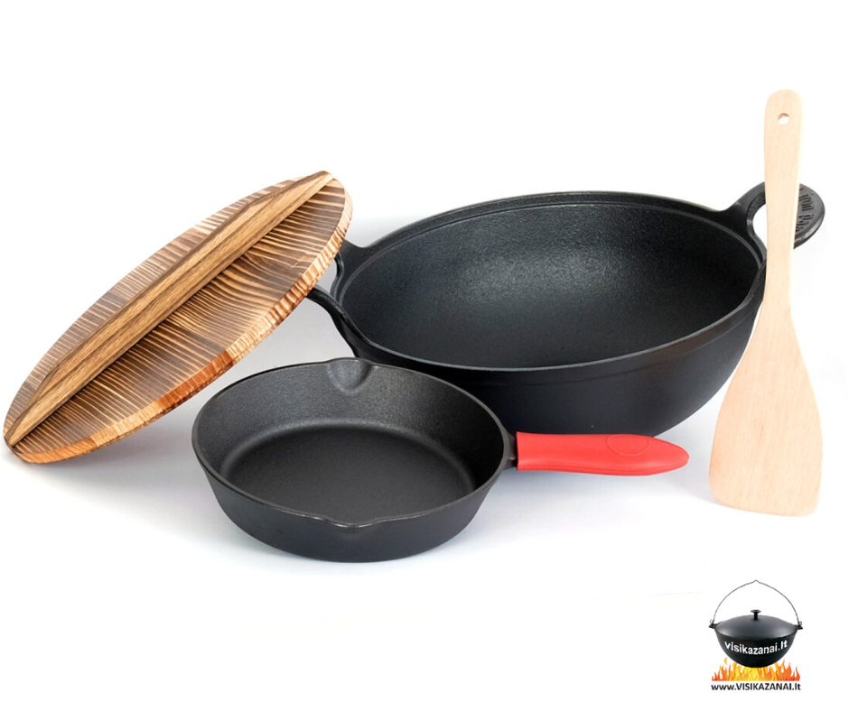 Rinkinys Azijietiškas Wok puodas 30cm su mediniu dangčiu +  keptuvė 20 cm + medinė mentele